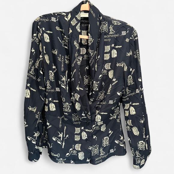 Vintage Liz Claiborne Teacher ABC’s Calligraphy Novelty Print Shawl Collar Top - Picture 2 of 9